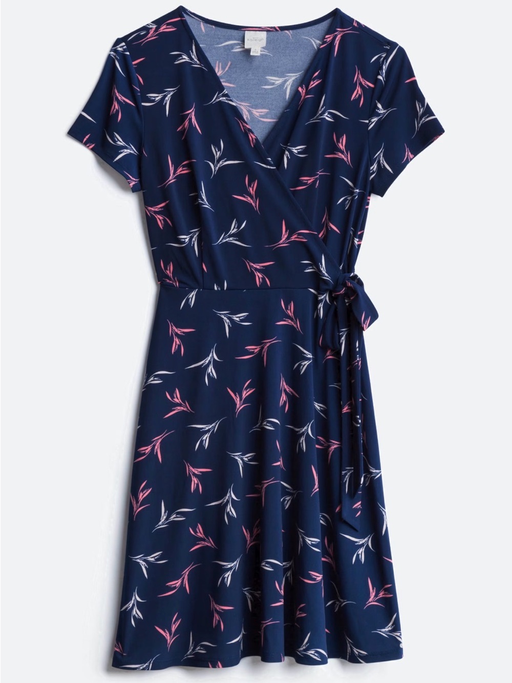 Kaileigh Navy Wrap Dress with Pink & White Leaf Motif